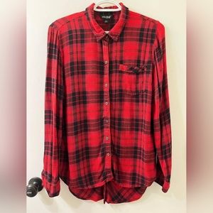 Lucky Brand Bungalow Light Flannel Button Down Tuxedo Tail Red & Black sz L